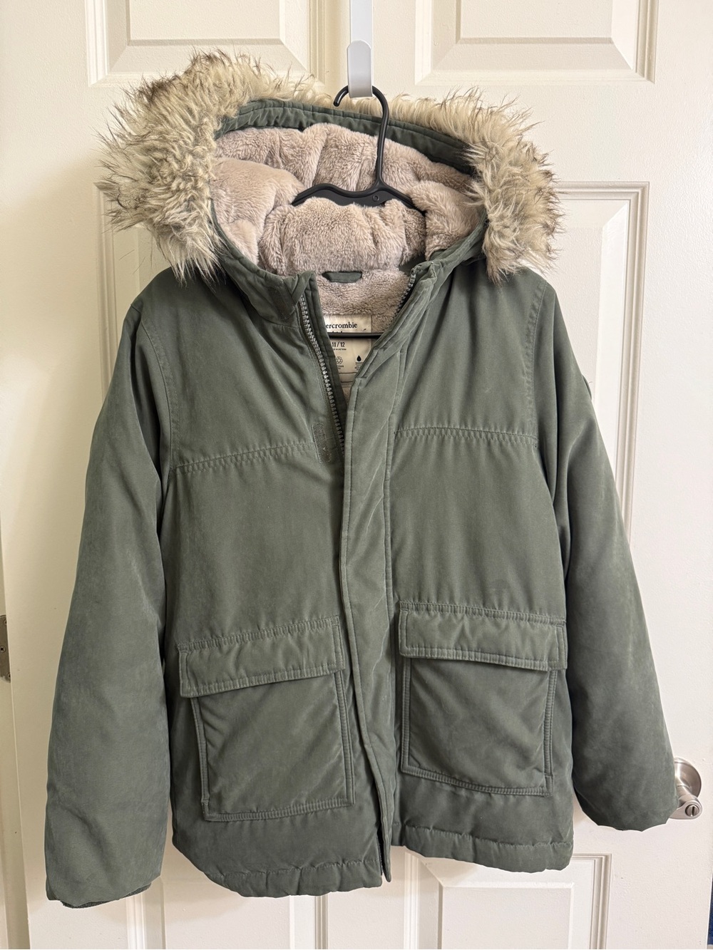 Abercrombie and Fitch kids Olive Green Faux-Fur Hooded Puffer Coat